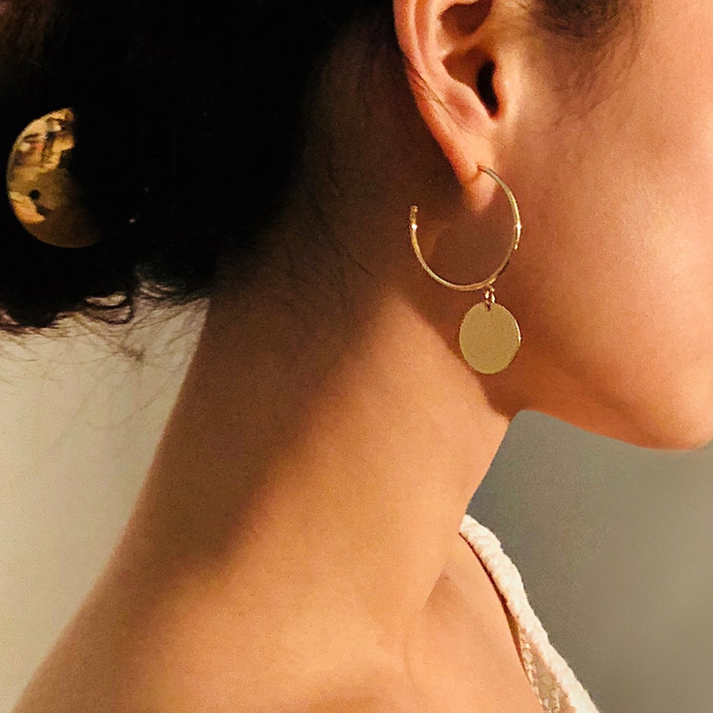 Minimalist Drop Hoop Earrings Circles - Picture 3 of 6